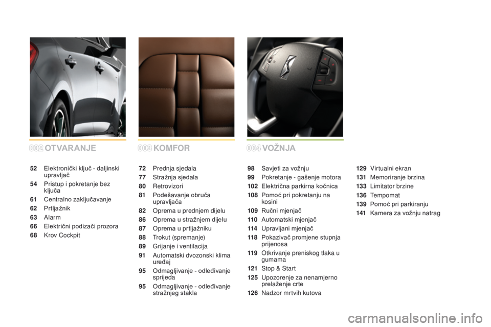 CITROEN DS5 2015 Upute Za Rukovanje (in Croatian) 002003004
DS5_hr_Chap00a_sommaire_ed01-2015
KOMFOR
OT VA R AnJ
E VOžn JA
72 Prednja sjedala
77
St
ražnja sjedala
80
Retrovizori
81
P
odešavanje obruča
upravljača
82
O
prema u prednjem d CITROEN DS5 2015 Upute Za Rukovanje (in Croatian) 002003004
DS5_hr_Chap00a_sommaire_ed01-2015
KOMFOR
OT VA R AnJ
E VOžn JA
72 Prednja sjedala
77
St
ražnja sjedala
80
Retrovizori
81
P
odešavanje obruča
upravljača
82
O
prema u prednjem d