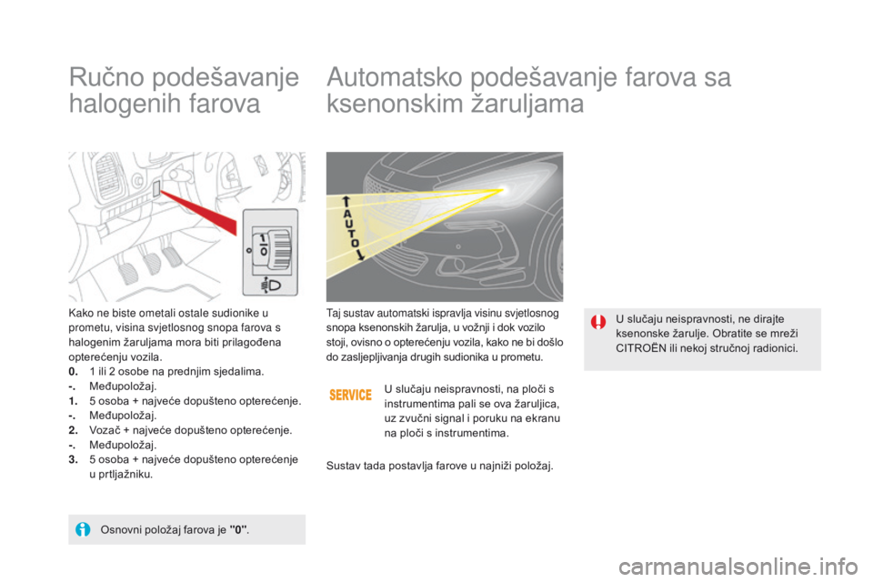 CITROEN DS5 HYBRID 2015  Upute Za Rukovanje (in Croatian) DS5_hr_Chap05_visibilite_ed01-2015
Ručno podešavanje 
halogenih farovaAutomatsko podešavanje farova sa 
ksenonskim žaruljama
Kako ne biste ometali ostale sudionike u 
prometu, visina svjetlosnog s