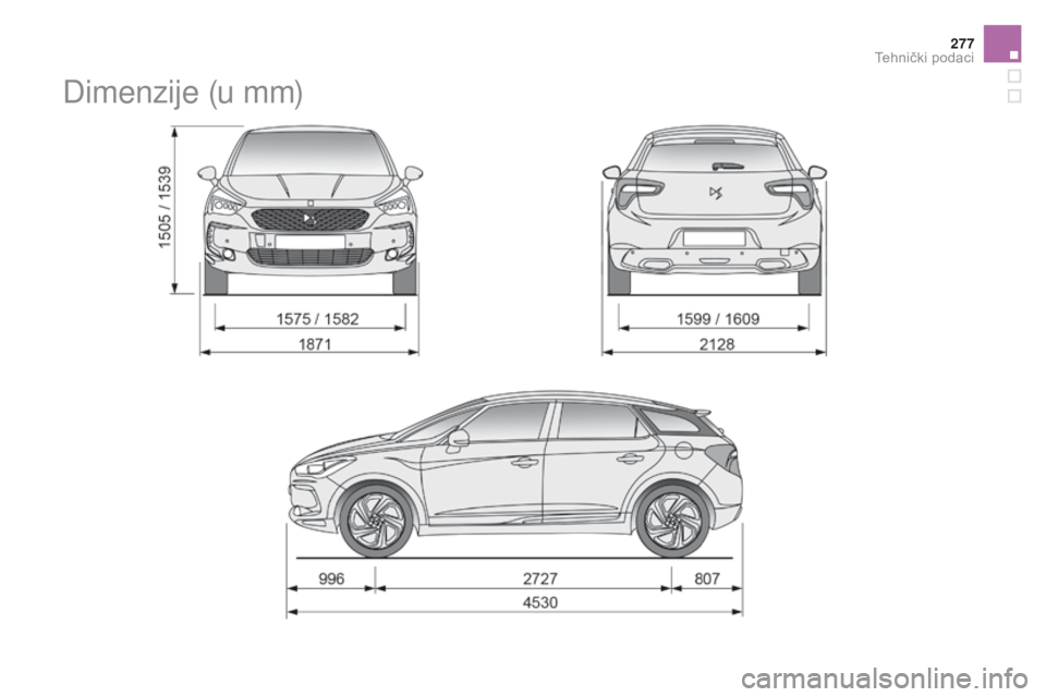 CITROEN DS5 HYBRID 2015  Upute Za Rukovanje (in Croatian) 277
DS5_hr_Chap10_caracteristiques_ed01-2015
Dimenzije (u mm) 
0037  