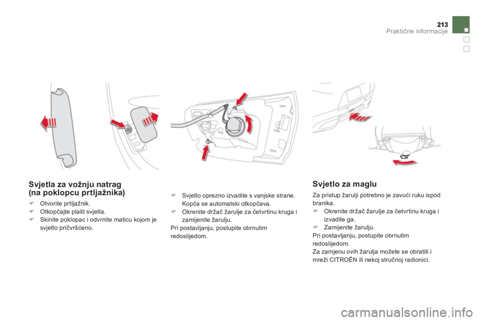 CITROEN DS5 HYBRID 2012  Upute Za Rukovanje (in Croatian) Praktične informacije
 
 
Svjetla za vožnju natrag (na poklopcu prtljažnika)
�)Otvorite prtljažnik.�)Otkopčajte plašt svjetla.�)Skinite poklopac i odvrnite maticu kojom jesvjetlo pričvršćeno.