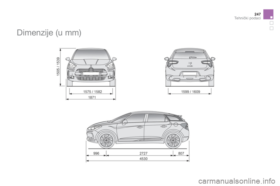 CITROEN DS5 HYBRID 2012  Upute Za Rukovanje (in Croatian) 247Te h n ički podaci
 
 
 
 
 
 
Dimenzije (u mm)  