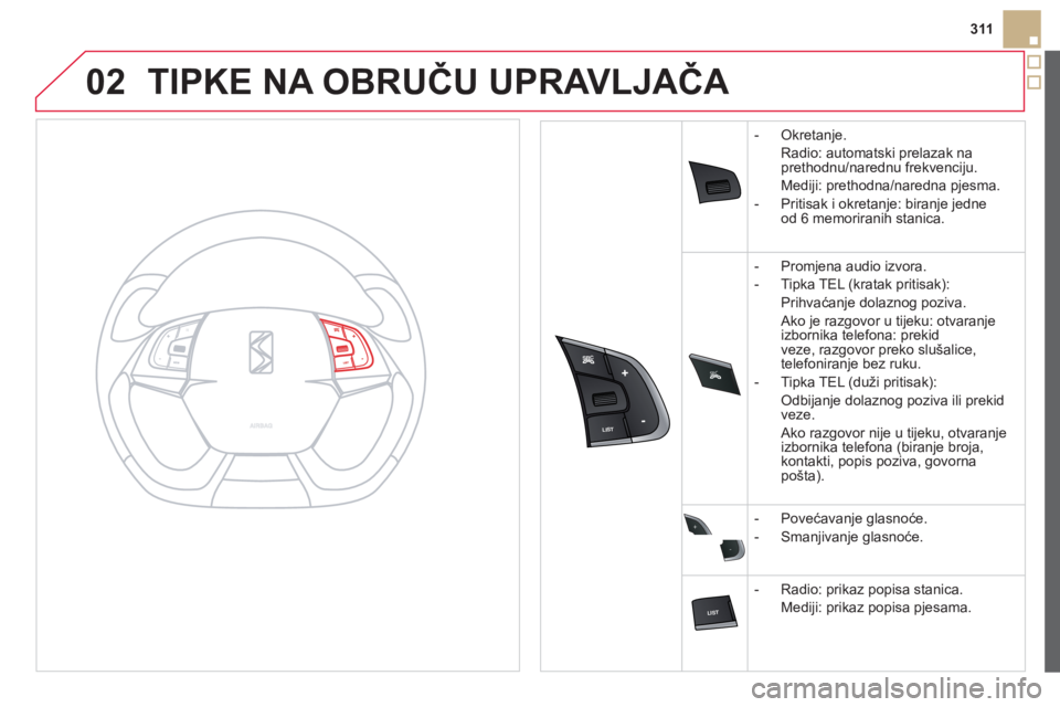CITROEN DS5 HYBRID 2012  Upute Za Rukovanje (in Croatian) 02
SRC



+
-
311
TIPKE NA OBRUČU UPRAVLJAČA 
-  Okretanje.
Radio: automatski 
prelazak naprethodnu/narednu frekvenciju.
Medi
ji: prethodna/naredna pjesma. 
- 