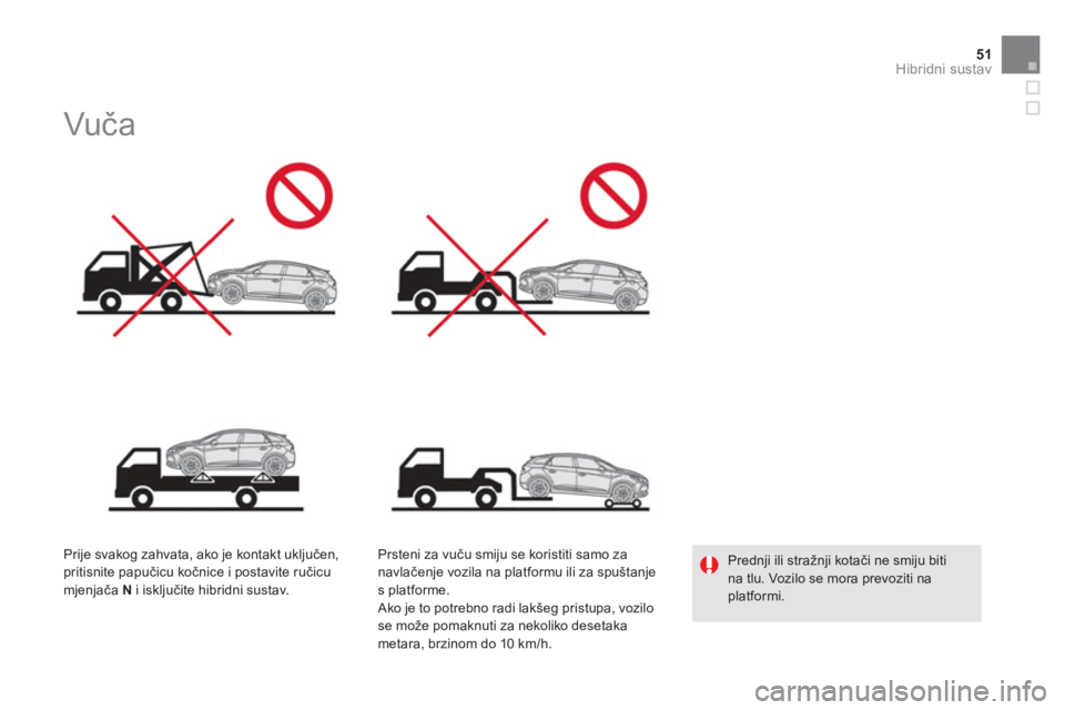 CITROEN DS5 HYBRID 2012  Upute Za Rukovanje (in Croatian) 51Hibridni sustav
   
 
 
 
 
 
 
 
Vuča  
 
 
Prije svakog zahvata, ako je kontakt uključen,pritisnite papučicu kočnice i postavite ručicumjenjača  Ni isključite hibridni sustav.Prsteni za vu