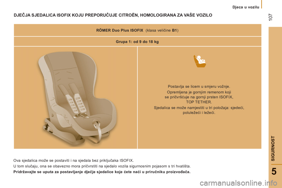 CITROEN JUMPER 2012  Upute Za Rukovanje (in Croatian) Djeca u vozilu
107
5
SIGURNOS
T
DJEČJA SJEDALICA ISOFIX KOJU PREPORUČUJE CITROËN, HOMOLOGIRANA ZA VAŠE VOZILO
 
 
 
RÖMER 
  Duo Plus ISOFIX 
   
 (klasa veličine  B1 
)  
   
 
Grupa 1: od 9 do