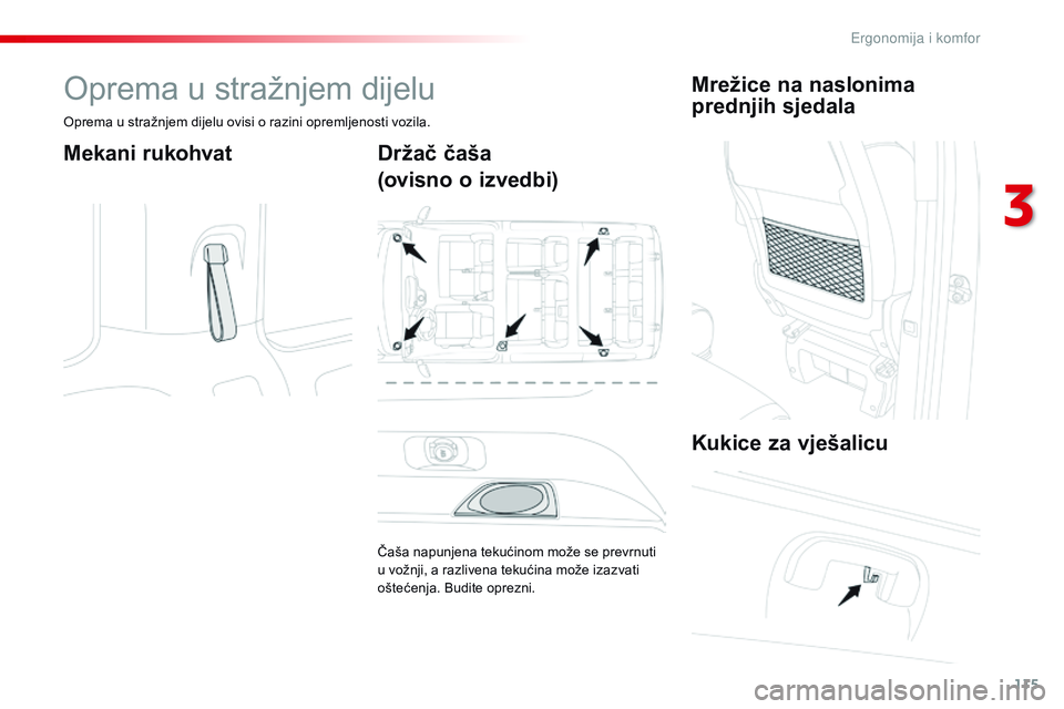 CITROEN JUMPER SPACETOURER 2017  Upute Za Rukovanje (in Croatian) 115
Spacetourer-VP_hr_Chap03_ergonomie-et-confort_ed01-2016
Oprema u stražnjem dijelu
Oprema u stražnjem dijelu ovisi o razini opremljenosti vozila.
Mekani rukohvatDržač čaša
(ovisno o izvedbi)
