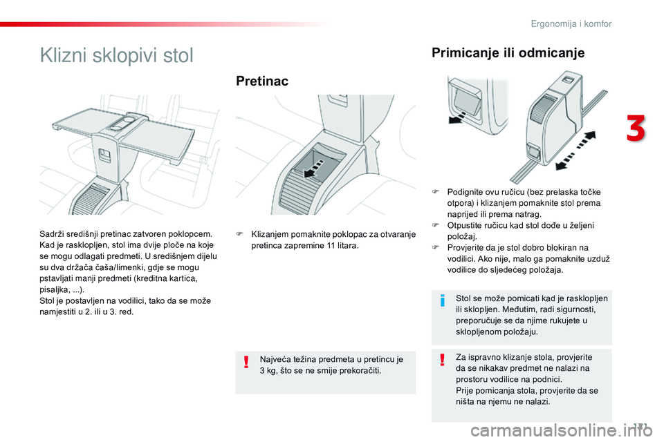 CITROEN JUMPER SPACETOURER 2017 Upute Za Rukovanje (in Croatian) 121
Spacetourer-VP_hr_Chap03_ergonomie-et-confort_ed01-2016
Klizni sklopivi stol
Pretinac
Za ispravno klizanje stola, provjerite
da se nikakav predmet ne nalazi na
prostoru vodilice na podnici.
Prij CITROEN JUMPER SPACETOURER 2017 Upute Za Rukovanje (in Croatian) 121
Spacetourer-VP_hr_Chap03_ergonomie-et-confort_ed01-2016
Klizni sklopivi stol
Pretinac
Za ispravno klizanje stola, provjerite
da se nikakav predmet ne nalazi na
prostoru vodilice na podnici.
Prij