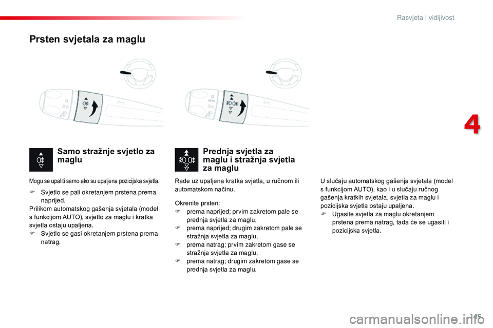 CITROEN JUMPER SPACETOURER 2017 Upute Za Rukovanje (in Croatian) 145
Spacetourer-VP_hr_Chap04_eclairage-et-visibilite_ed01-2016
Prsten svjetala za maglu
Prednja svjetla za
maglu i stražnja svjetla
za maglu
Samo stražnje svjetlo za
maglu
F Svjetlo se pali okr CITROEN JUMPER SPACETOURER 2017 Upute Za Rukovanje (in Croatian) 145
Spacetourer-VP_hr_Chap04_eclairage-et-visibilite_ed01-2016
Prsten svjetala za maglu
Prednja svjetla za
maglu i stražnja svjetla
za maglu
Samo stražnje svjetlo za
maglu
F Svjetlo se pali okr