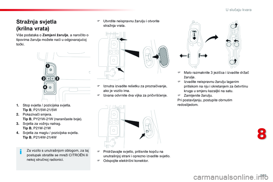 CITROEN JUMPER SPACETOURER 2017  Upute Za Rukovanje (in Croatian) 305
Spacetourer-VP_hr_Chap08_En-cas-de-panne_ed01-2016
Stražnja svjetla
(krilna vrata)
Više podataka o Zamjeni žarulje, a naročito o 
tipovima žarulja možete naći u odgovarajućoj 
točki.
F
 
