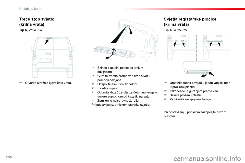 CITROEN JUMPER SPACETOURER 2017  Upute Za Rukovanje (in Croatian) 306
Spacetourer-VP_hr_Chap08_En-cas-de-panne_ed01-2016
Svjetla registarske pločice
(krilna vrata)
Tip A, W5W-5W
F
 
S

kinite plastični poklopac tankim 
odvijačem.
F
 
G

urnite svjetlo prema van k