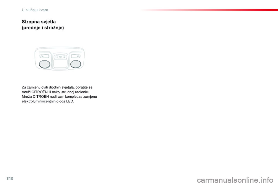 CITROEN JUMPER SPACETOURER 2017  Upute Za Rukovanje (in Croatian) 310
Spacetourer-VP_hr_Chap08_En-cas-de-panne_ed01-2016
Stropna svjetla
(prednje i stražnje)
Za zamjenu ovih diodnih svjetala, obratite se 
mreži CITROËN ili nekoj stručnoj radionici.
Mreža CITRO