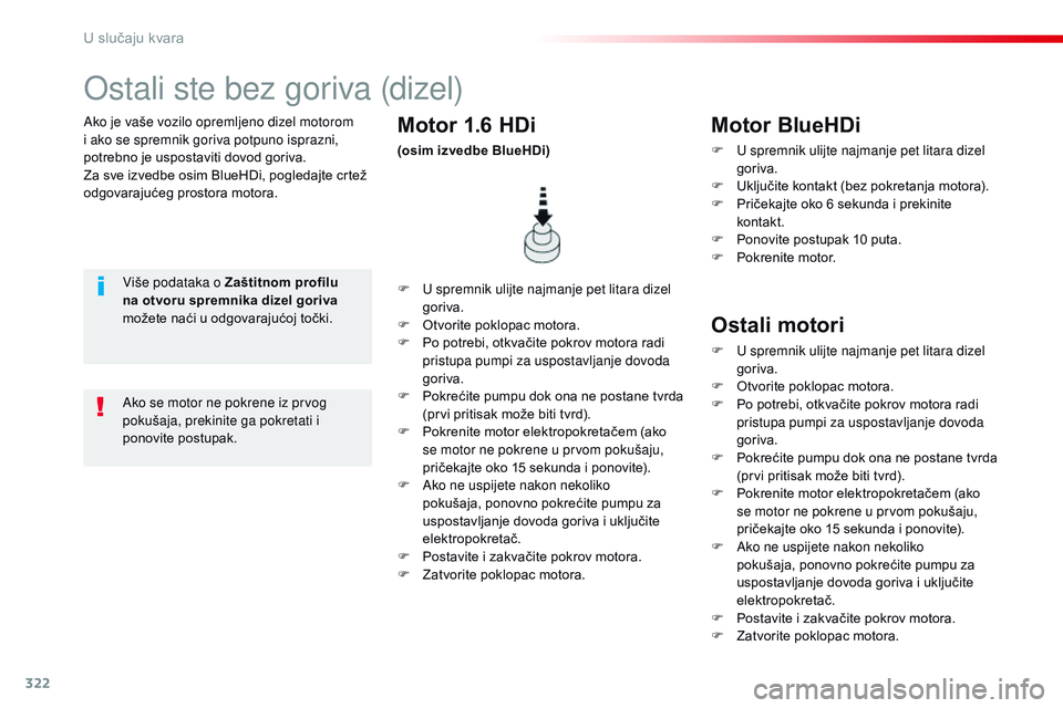 CITROEN JUMPER SPACETOURER 2017  Upute Za Rukovanje (in Croatian) 322
Spacetourer-VP_hr_Chap08_En-cas-de-panne_ed01-2016
Ako je vaše vozilo opremljeno dizel motorom 
i ako se spremnik goriva potpuno isprazni, 
potrebno je uspostaviti dovod goriva.
Za sve izvedbe os
