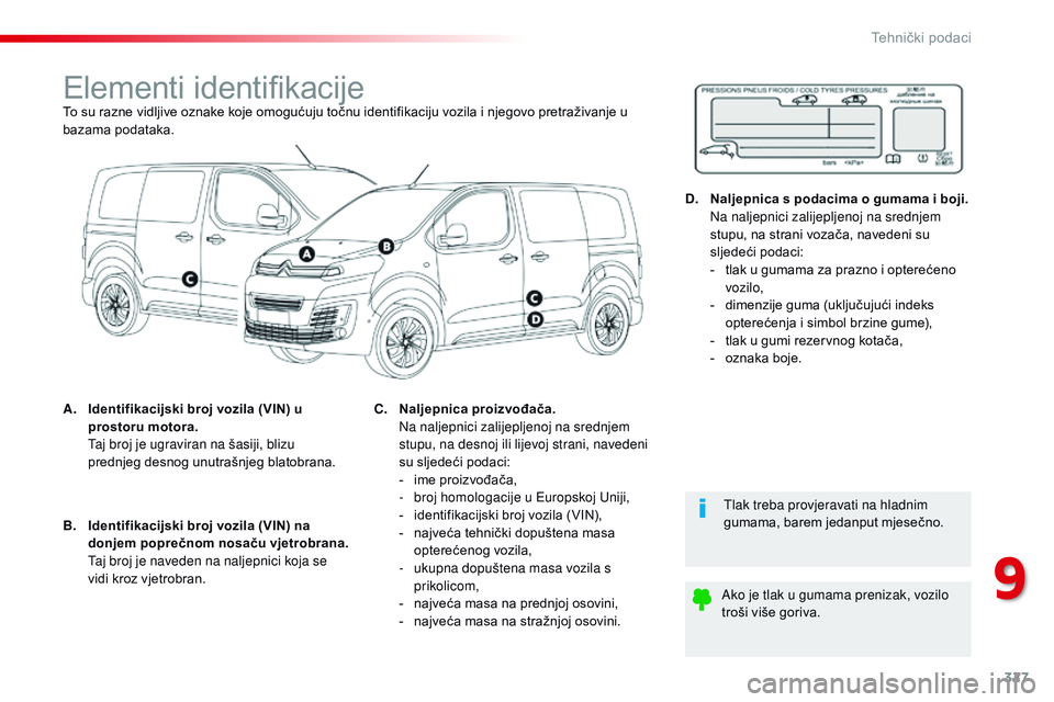 CITROEN JUMPER SPACETOURER 2017  Upute Za Rukovanje (in Croatian) 327
Spacetourer-VP_hr_Chap09_caracteristiques-techniques_ed01-2016
Elementi identifikacijeTo su razne vidljive oznake koje omogućuju točnu identifikaciju vozila i njegovo pretraživanje u 
bazama po