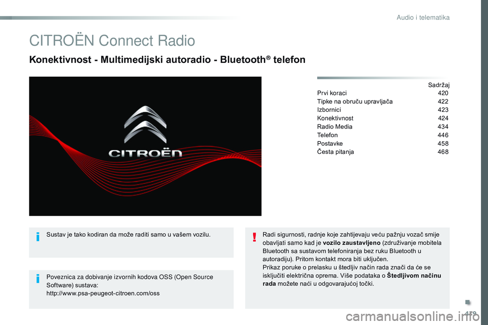 CITROEN JUMPER SPACETOURER 2017  Upute Za Rukovanje (in Croatian) 419
Spacetourer-VP_hr_Chap10c_RCC-1_ed01-2016
CITROËN Connect Radio
Konektivnost - Multimedijski autoradio - Bluetooth® telefon
Sadržaj
Prvi koraci
 4 20
Tipke na obruču upravljača
 
4
 22
Izborn