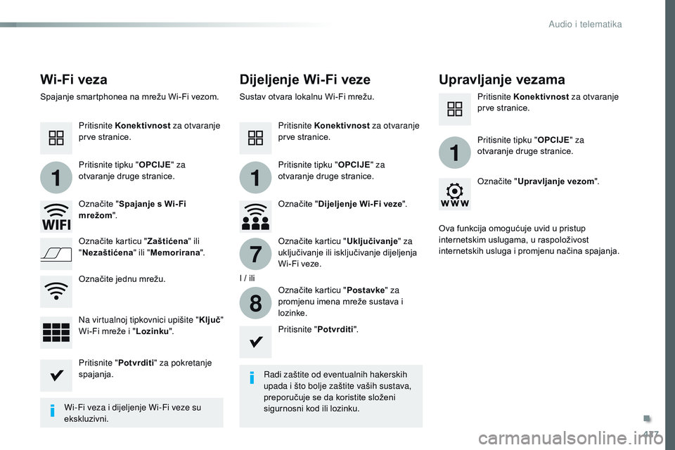 CITROEN JUMPER SPACETOURER 2017 Upute Za Rukovanje (in Croatian) 427
11
1
7
8
Spacetourer-VP_hr_Chap10c_RCC-1_ed01-2016
Wi- Fi vezaDijeljenje Wi-Fi vezeUpravljanje vezama
Radi zaštite od eventualnih hakerskih
upada i što bolje zaštite vaših sustava,
preporuč CITROEN JUMPER SPACETOURER 2017 Upute Za Rukovanje (in Croatian) 427
11
1
7
8
Spacetourer-VP_hr_Chap10c_RCC-1_ed01-2016
Wi- Fi vezaDijeljenje Wi-Fi vezeUpravljanje vezama
Radi zaštite od eventualnih hakerskih
upada i što bolje zaštite vaših sustava,
preporuč