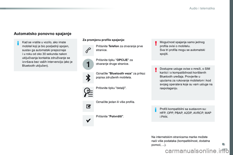 CITROEN JUMPER SPACETOURER 2017 Upute Za Rukovanje (in Croatian) 453
1
Spacetourer-VP_hr_Chap10c_RCC-1_ed01-2016
Pritisnite Telefon za otvaranje prve
stranice.
Označite " Bluetooth veza " za prikaz
popisa združenih mobitela.
Kad se vratite u vozilo, ako CITROEN JUMPER SPACETOURER 2017 Upute Za Rukovanje (in Croatian) 453
1
Spacetourer-VP_hr_Chap10c_RCC-1_ed01-2016
Pritisnite Telefon za otvaranje prve
stranice.
Označite " Bluetooth veza " za prikaz
popisa združenih mobitela.
Kad se vratite u vozilo, ako