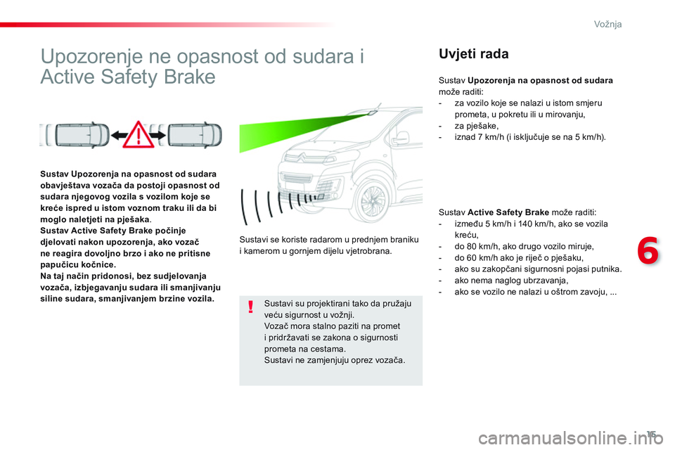CITROEN JUMPER SPACETOURER 2017  Upute Za Rukovanje (in Croatian) 15
6
Vožnja
   
 
 
 
 
 
 
 
Upozorenje ne opasnost od sudara i 
Active Safety Brake   
 
Uvjeti rada 
 
 
Sustav  Active Safety Brake 
 može raditi: 
   
 
-  između 5 km/h i 140 km/h, ako se voz