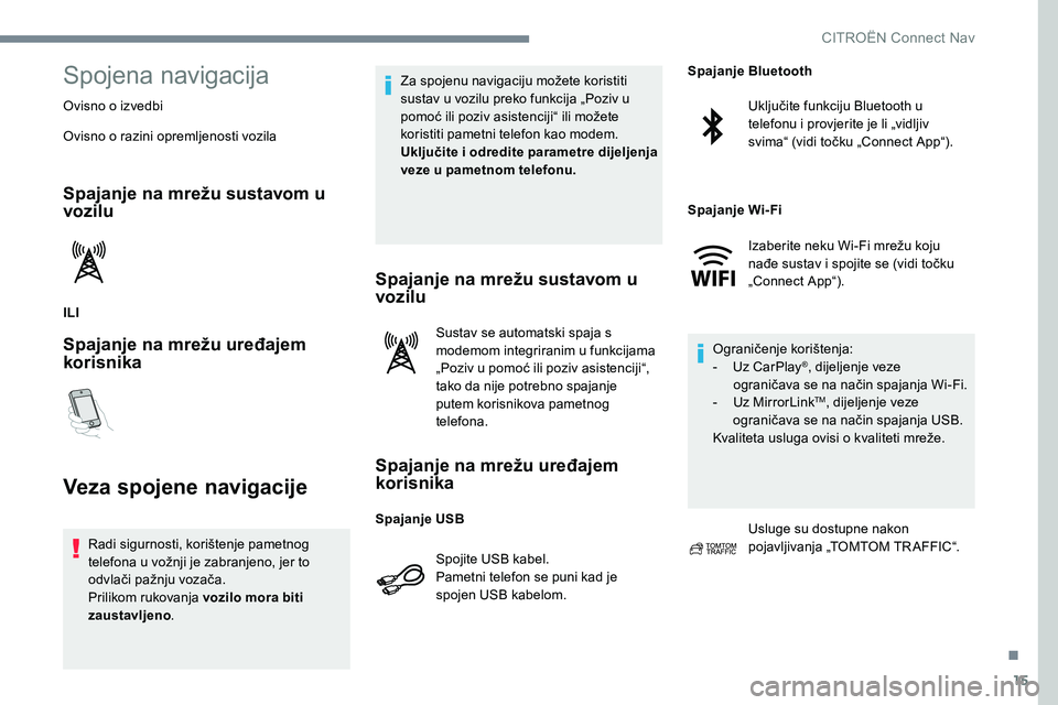 CITROEN JUMPER SPACETOURER 2017 Upute Za Rukovanje (in Croatian) 15
Spojena navigacija
Ovisno o izvedbi
Ovisno o razini opremljenosti vozila
Spajanje na mrežu sustavom u
vozilu
ILI
Spajanje na mrežu uređajem
korisnika
Veza spojene navigacije
Radi sigurnosti, k CITROEN JUMPER SPACETOURER 2017 Upute Za Rukovanje (in Croatian) 15
Spojena navigacija
Ovisno o izvedbi
Ovisno o razini opremljenosti vozila
Spajanje na mrežu sustavom u
vozilu
ILI
Spajanje na mrežu uređajem
korisnika
Veza spojene navigacije
Radi sigurnosti, k