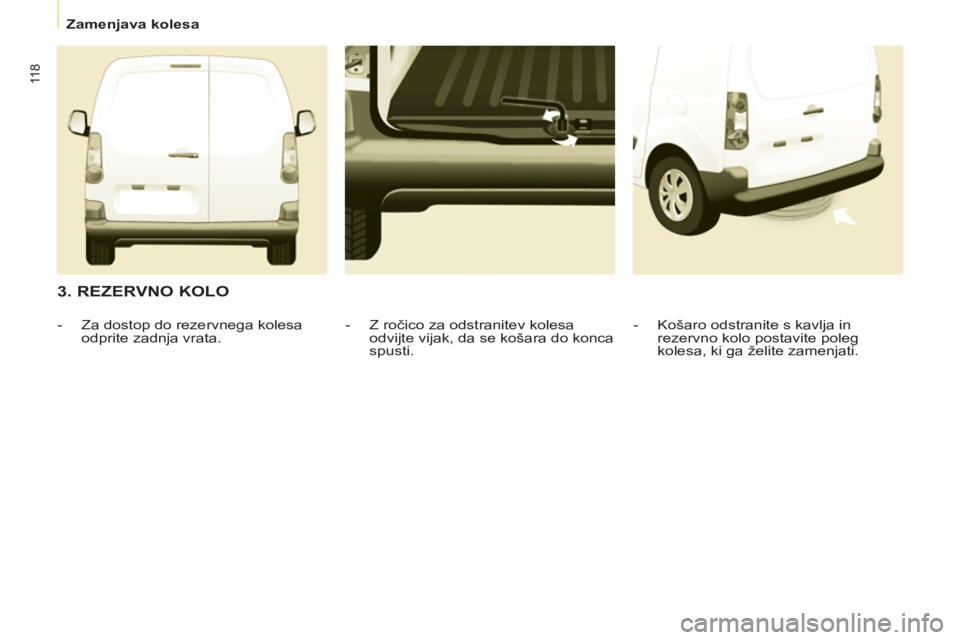 CITROEN BERLINGO ELECTRIC 2015  Navodila Za Uporabo (in Slovenian)    
 
Zamenjava kolesa  
 
11 8
 
 
3. REZERVNO KOLO 
 
 
-   Košaro odstranite s kavlja in 
rezervno kolo postavite poleg 
kolesa, ki ga želite zamenjati.  
     
-  Z ročico za odstranitev kolesa