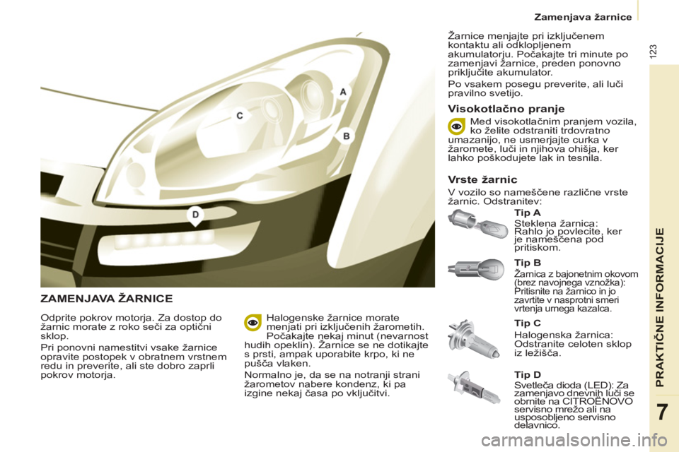 CITROEN BERLINGO ELECTRIC 2015 Navodila Za Uporabo (in Slovenian)
Zamenjava žarnice
123
PRAKTIČNE INFORMACIJ
E
7
ZAMENJAVA ŽARNICE
Tip B
Žarnica z bajonetnim okovom
(brez navojnega vznožka):
Pritisnite na žarnico in jo
zavrtite v nasprot CITROEN BERLINGO ELECTRIC 2015 Navodila Za Uporabo (in Slovenian)
Zamenjava žarnice
123
PRAKTIČNE INFORMACIJ
E
7
ZAMENJAVA ŽARNICE
Tip B
Žarnica z bajonetnim okovom
(brez navojnega vznožka):
Pritisnite na žarnico in jo
zavrtite v nasprot