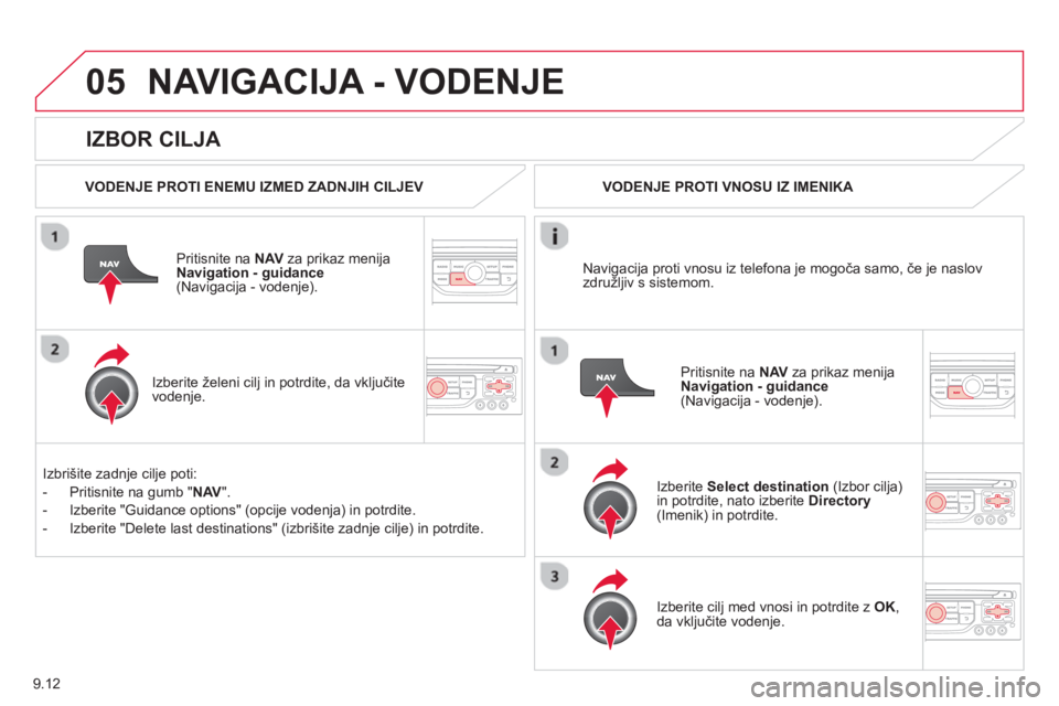 CITROEN BERLINGO ELECTRIC 2015  Navodila Za Uporabo (in Slovenian) 9.12
05
   
IZBOR CILJA 
NAVIGACIJA - VODENJE
 
 VODENJE PROTI ENEMU IZMED ZADNJIH CILJEV  
Priti
snite na  NAV 
 za prikaz menija 
Navigation - guidance(Navigacija - vodenje).  
   
Izberite 
želeni