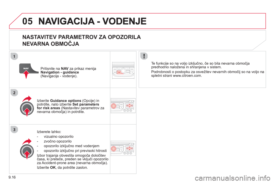 CITROEN BERLINGO ELECTRIC 2015  Navodila Za Uporabo (in Slovenian) 9.16
05
   
NASTAVITEV PARAMETROV ZA OPOZORILA   
NEVARNA OBMOČJ
A 
Izberete lahko: 
-  vizualno o
pozorilo
-  zvočno opozorilo
-  opozorilo izkl
jučno med vodenjem 
-  opozorilo izkl
jučno pri pr