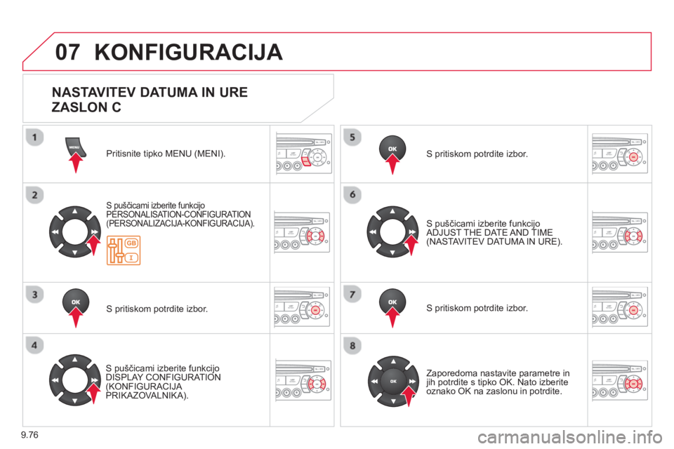 CITROEN BERLINGO ELECTRIC 2015  Navodila Za Uporabo (in Slovenian) 9.76
07  KONFIGURACIJA 
Pritisnite tipko MENU (MENI).  
S puščicami izberite funkcijo 
PERSONALISAT ION-CONFIGURATION (PERSONALIZACIJA-KONFIGURACIJA).  
S pritiskom potrdite izbor.  
   
S puščica