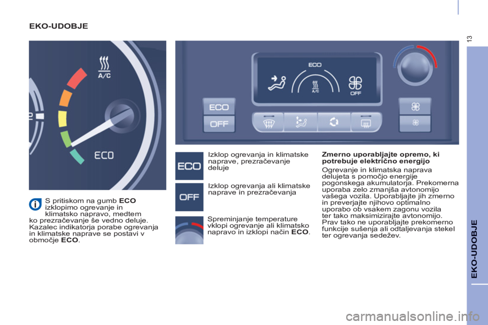 CITROEN BERLINGO ELECTRIC 2015  Navodila Za Uporabo (in Slovenian) 13
EKO-UDOBJE 
  EKO-UDOBJE  
 
 
Zmerno uporabljajte opremo, ki 
potrebuje električno energijo 
  Ogrevanje in klimatska naprava 
delujeta s pomočjo energije 
pogonskega akumulatorja. Prekomerna 
u