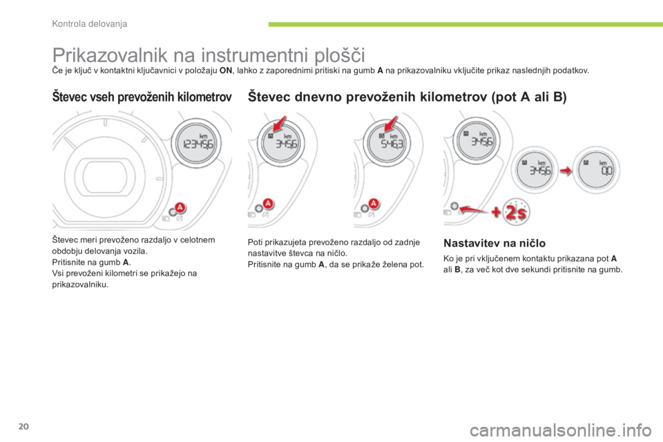 CITROEN C-ZERO 2016  Navodila Za Uporabo (in Slovenian) 20
C-zero_sl_Chap01_controle-de-marche_ed01-2014
Prikazovalnik na instrumentni ploščiČe je ključ v kontaktni ključavnici v položaju ON, lahko z zaporednimi pritiski na gumb A na prikazovalniku v