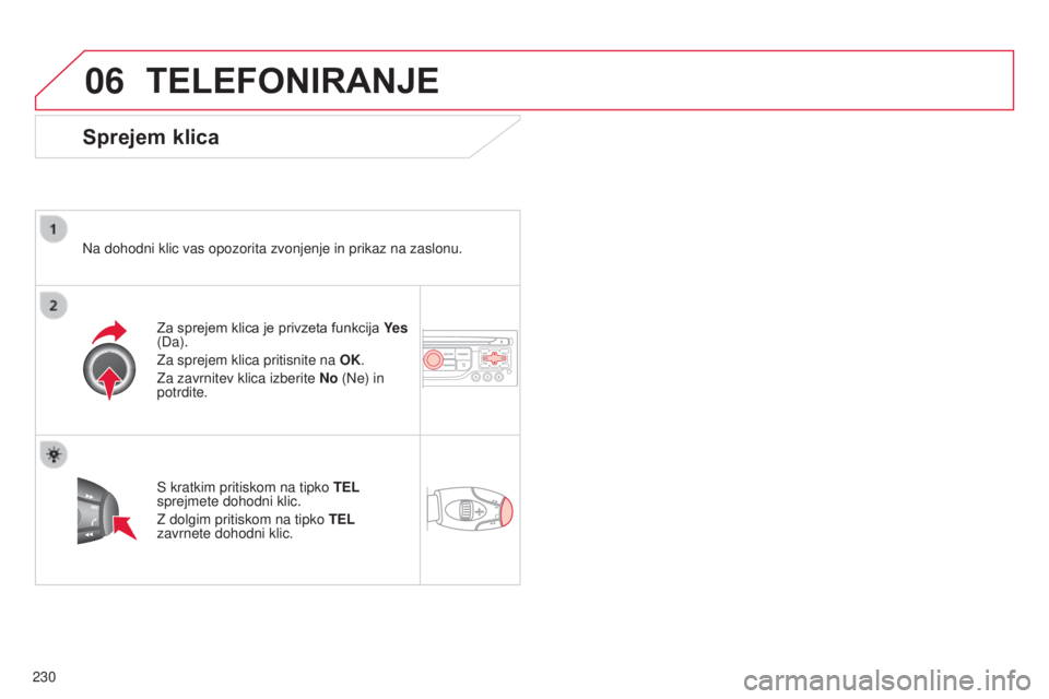 CITROEN C3 PICASSO 2015  Navodila Za Uporabo (in Slovenian) 06
230
C3Picasso_sl_Chap13b_RT6-2-8_ed01-2014
TELEFONIRANJE
Sprejem klica
Na dohodni klic vas opozorita zvonjenje in prikaz na zaslonu.Za sprejem klica je privzeta funkcija  Ye s 
(
d a).
z

a sprejem