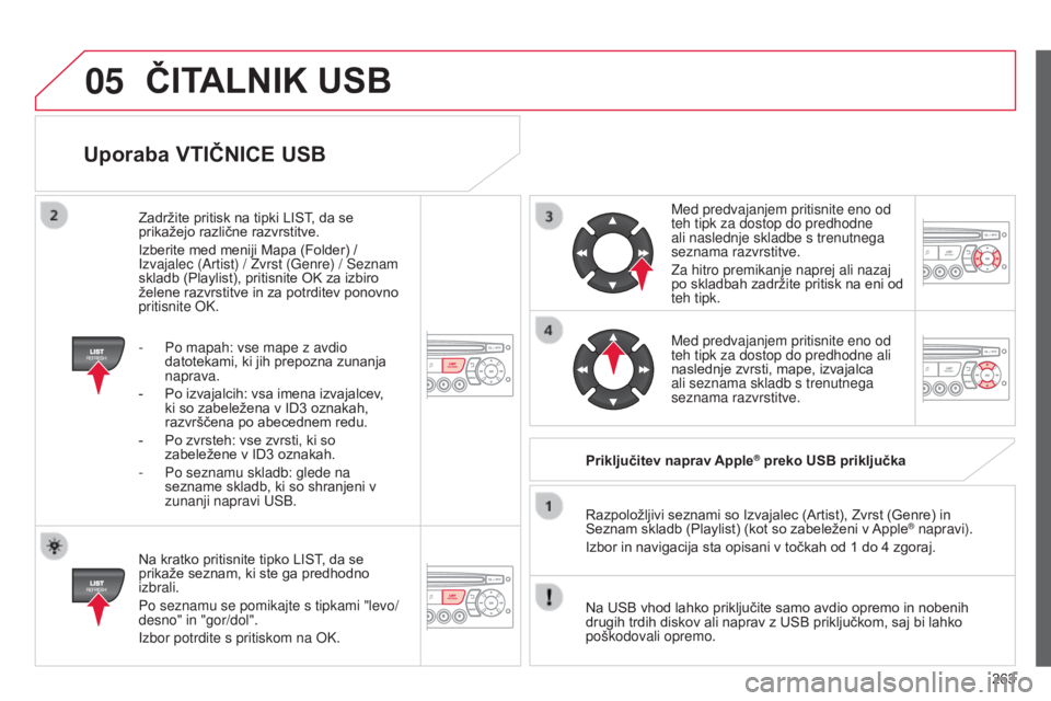 CITROEN C3 PICASSO 2015 Navodila Za Uporabo (in Slovenian) 05
263
C3Picasso_sl_Chap13c_rd45_ed01_2014
Uporaba VTIČNICE USB
Na kratko pritisnite tipko LIST, da se
prikaže seznam, ki ste ga predhodno
izbrali.
Po seznamu se pomikajte s tipkami "levo/
des CITROEN C3 PICASSO 2015 Navodila Za Uporabo (in Slovenian) 05
263
C3Picasso_sl_Chap13c_rd45_ed01_2014
Uporaba VTIČNICE USB
Na kratko pritisnite tipko LIST, da se
prikaže seznam, ki ste ga predhodno
izbrali.
Po seznamu se pomikajte s tipkami "levo/
des