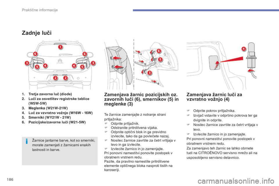 CITROEN C4 AIRCROSS 2016 Navodila Za Uporabo (in Slovenian) 186
C4-Aircross_sl_Chap07_info-pratiques_ed01-2014
1. Tretja zavorna luč (diode)
2. Luči za osvetlitev registrske tablice
(W5W-5W)
3.
M
eglenka (W21W-21W)
4.
L
uč za vzvratno vožnjo (W16W - 1 CITROEN C4 AIRCROSS 2016 Navodila Za Uporabo (in Slovenian) 186
C4-Aircross_sl_Chap07_info-pratiques_ed01-2014
1. Tretja zavorna luč (diode)
2. Luči za osvetlitev registrske tablice
(W5W-5W)
3.
M
eglenka (W21W-21W)
4.
L
uč za vzvratno vožnjo (W16W - 1