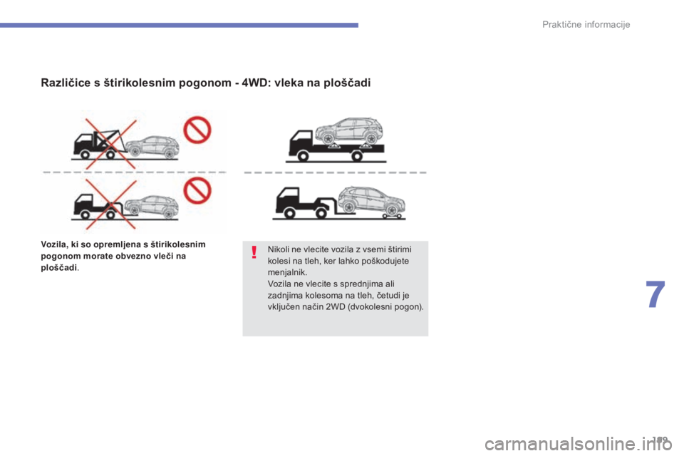 CITROEN C4 AIRCROSS 2016  Navodila Za Uporabo (in Slovenian) 199
C4-Aircross_sl_Chap07_info-pratiques_ed01-2014
Vozila, ki so opremljena s štirikolesnim 
pogonom morate obvezno vleči na 
ploščadi. Nikoli ne vlecite vozila z vsemi štirimi 
kolesi na tleh, k