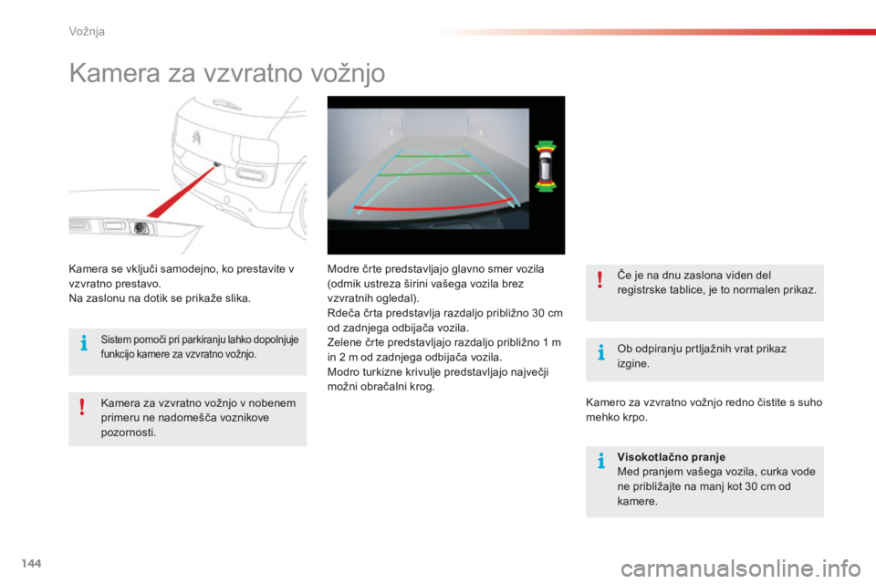 CITROEN C4 CACTUS 2018  Navodila Za Uporabo (in Slovenian) 144
C4-cactus_sl_Chap06_conduite_ed01-2016
Kamera za vzvratno vožnjo
Ob odpiranju prtljažnih vrat prikaz 
izgine.
Kamera se vključi samodejno, ko prestavite v 
vzvratno prestavo.
Na zaslonu na doti