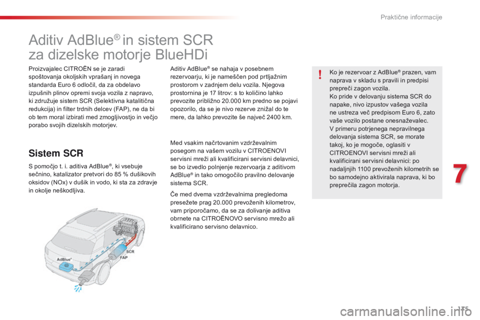 CITROEN C4 CACTUS 2018 Navodila Za Uporabo (in Slovenian) 175
C4-cactus_sl_Chap07_info-pratiques_ed01-2016
Aditiv AdBlue® in sistem SCR
za dizelske motorje BlueHDi
Proizvajalec CITROËN se je zaradi
spoštovanja okoljskih vprašanj in novega
standarda Eur CITROEN C4 CACTUS 2018 Navodila Za Uporabo (in Slovenian) 175
C4-cactus_sl_Chap07_info-pratiques_ed01-2016
Aditiv AdBlue® in sistem SCR
za dizelske motorje BlueHDi
Proizvajalec CITROËN se je zaradi
spoštovanja okoljskih vprašanj in novega
standarda Eur
