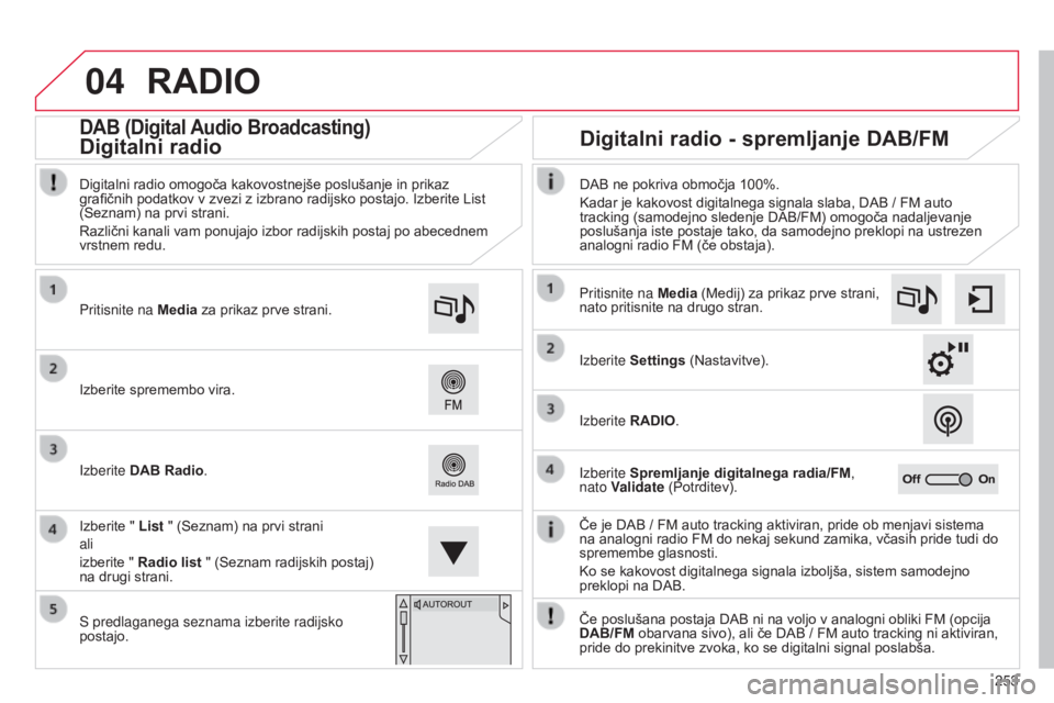 CITROEN C4 CACTUS 2014 Navodila Za Uporabo (in Slovenian) 04
253
E3_sl_Chap12b_SMEGplus_ed01-2014
RADIO
Če je DAB / FM auto tracking aktiviran, pride ob menjavi sistema
na analogni radio FM do nekaj sekund zamika, včasih pride tudi do
spremembe glasnosti CITROEN C4 CACTUS 2014 Navodila Za Uporabo (in Slovenian) 04
253
E3_sl_Chap12b_SMEGplus_ed01-2014
RADIO
Če je DAB / FM auto tracking aktiviran, pride ob menjavi sistema
na analogni radio FM do nekaj sekund zamika, včasih pride tudi do
spremembe glasnosti