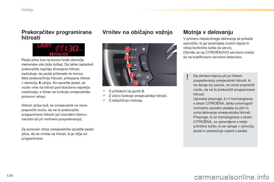 CITROEN C5 2016  Navodila Za Uporabo (in Slovenian) 124
C5_sl_Chap04_conduite_ed01-2015
Pedal plina ima na koncu hoda območje 
mehanske sile (trda točka). Da lahko kadarkoli 
prekoračite najvišjo shranjeno hitrost, 
zadostuje, da pedal pritisnete d