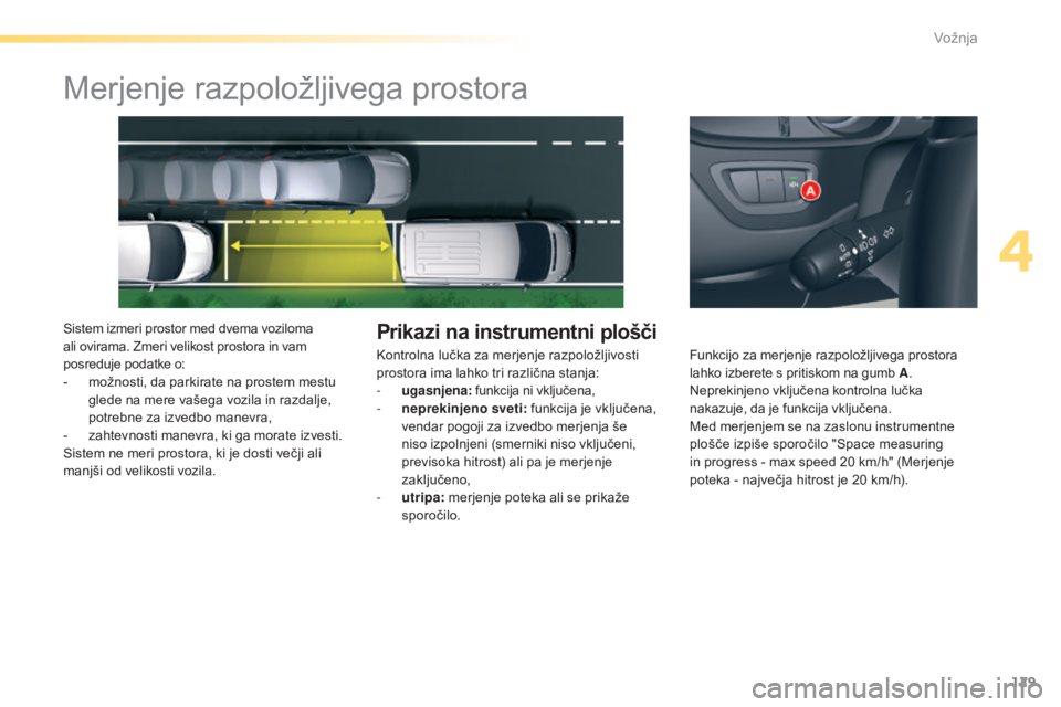 CITROEN C5 2016  Navodila Za Uporabo (in Slovenian) 129
C5_sl_Chap04_conduite_ed01-2015
Merjenje razpoložljivega prostora
Sistem izmeri prostor med dvema voziloma 
ali ovirama. Zmeri velikost prostora in vam 
posreduje podatke o:
- 
m
 ožnosti, da pa