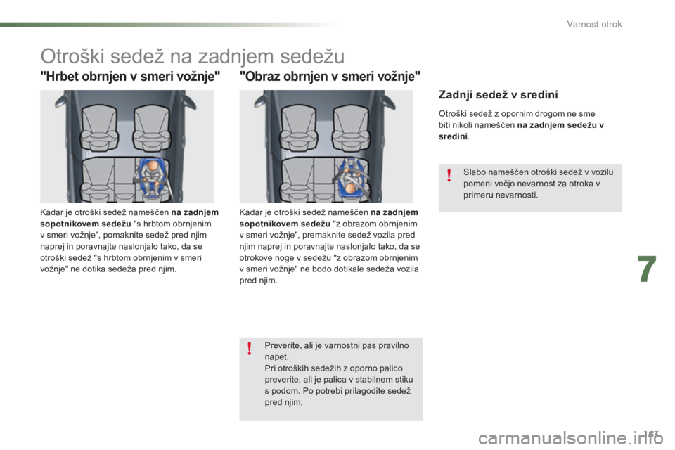 CITROEN C5 2016  Navodila Za Uporabo (in Slovenian) 163
C5_sl_Chap07_securite-enfant_ed01-2015
Otroški sedež na zadnjem sedežu
"Hrbet obrnjen v smeri vožnje"
Kadar je otroški sedež nameščen na zadnjem 
sopotnikovem sedežu "s hrbtom