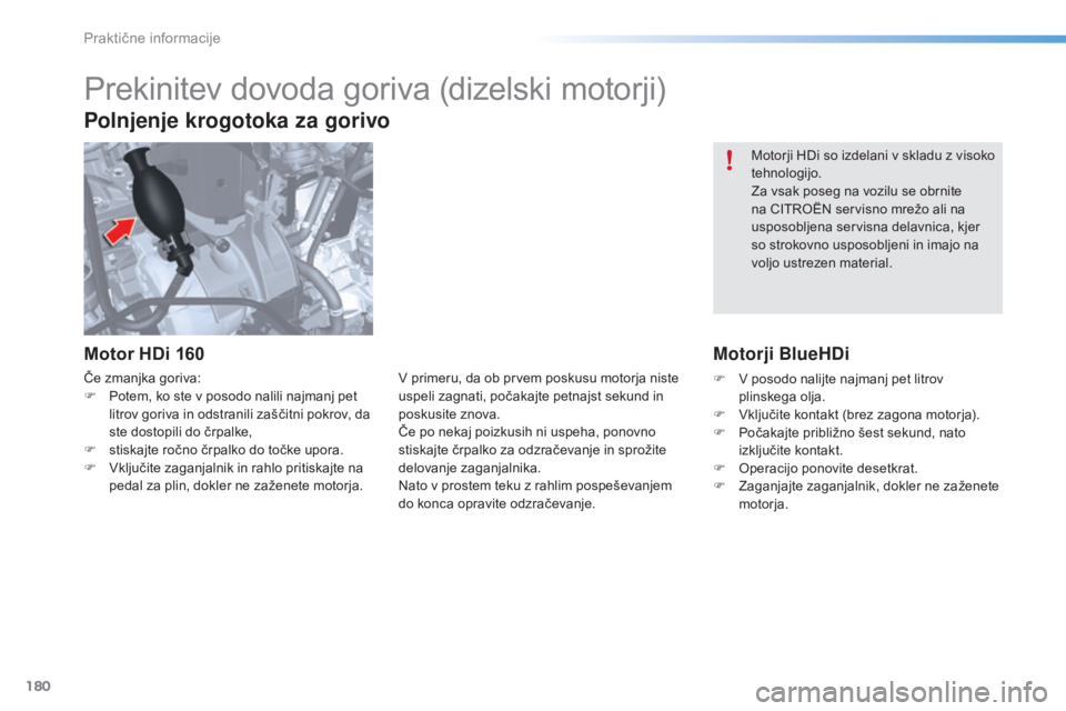 CITROEN C5 2016  Navodila Za Uporabo (in Slovenian) 180
C5_sl_Chap08_information_ed01-2015
Motorji HDi so izdelani v skladu z visoko 
tehnologijo.
Za vsak poseg na vozilu se obrnite 
na CITROËN servisno mrežo ali na 
usposobljena servisna delavnica, 