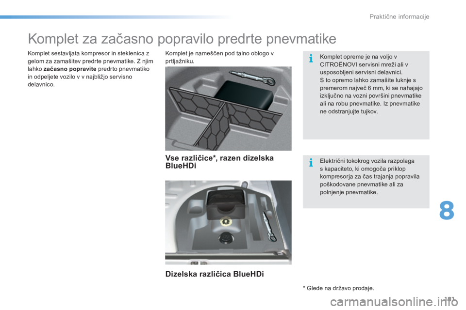 CITROEN C5 2016  Navodila Za Uporabo (in Slovenian) 181
C5_sl_Chap08_information_ed01-2015
Komplet za začasno popravilo predrte pnevmatike
Komplet je nameščen pod talno oblogo v 
prtljažniku.
Komplet sestavljata kompresor in steklenica z 
gelom za 
