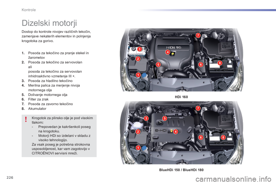 CITROEN C5 2016  Navodila Za Uporabo (in Slovenian) 226
C5_sl_Chap09_verification_ed01-2015
Dizelski motorji
HDi 160
BlueHDi 150   / BlueHDi 180
Dostop do kontrole nivojev različnih tekočin, 
zamenjave nekaterih elementov in polnjenja 
krogotoka za g