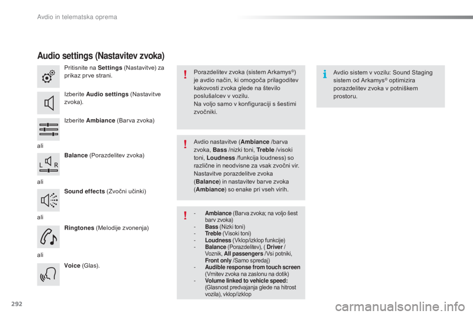 CITROEN C5 2016  Navodila Za Uporabo (in Slovenian) 292
C5_sl_Chap11b_SMEGplus_ed01-2015
Audio settings (Nastavitev zvoka)
Pritisnite na Settings (Nastavitve) za 
prikaz prve strani.
Izberite  Audio settings  (Nastavitve 
z vo ka).
Izberite  Ambiance  