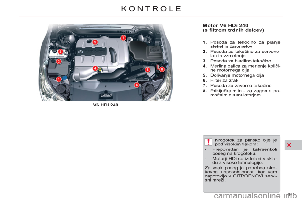 CITROEN C5 2012  Navodila Za Uporabo (in Slovenian) X!
171 
KONTROLE
   
Motor V6 HDi 240 
(s filtrom trdnih delcev)  
 
 
V6 HDi 240 
    
 
1. 
  Posoda za tekočino za pranje 
stekel in žarometov 
   
2. 
  Posoda za tekočino za servovo-
lan in vz
