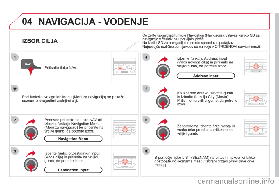 CITROEN C5 2012  Navodila Za Uporabo (in Slovenian) 279
04
1
2
3
5
6
4
  NAVIGACIJA - VODENJE 
 
 
 
 
 
 
 
 
 
 
 
 
 
 
 
 
IZBOR CILJA 
Ponovno pritisnite na tipko NAV ali 
izberite funkcijo Navigation Menu (Meni za navigacijo) ter pritisnite na
vr