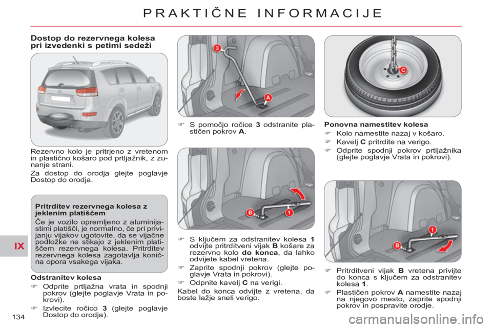 CITROEN C-CROSSER 2012 Navodila Za Uporabo (in Slovenian) IX
PRAKTIČNE INFORMACIJE
134
Dostop do rezervnega kolesapri izvedenki s petimi sedeži
Rezervno kolo je pritrjeno z vretenom
in plastično košaro pod prtljažnik, z zu-
n CITROEN C-CROSSER 2012 Navodila Za Uporabo (in Slovenian) IX
PRAKTIČNE INFORMACIJE
134
Dostop do rezervnega kolesapri izvedenki s petimi sedeži
Rezervno kolo je pritrjeno z vretenom
in plastično košaro pod prtljažnik, z zu-
n
