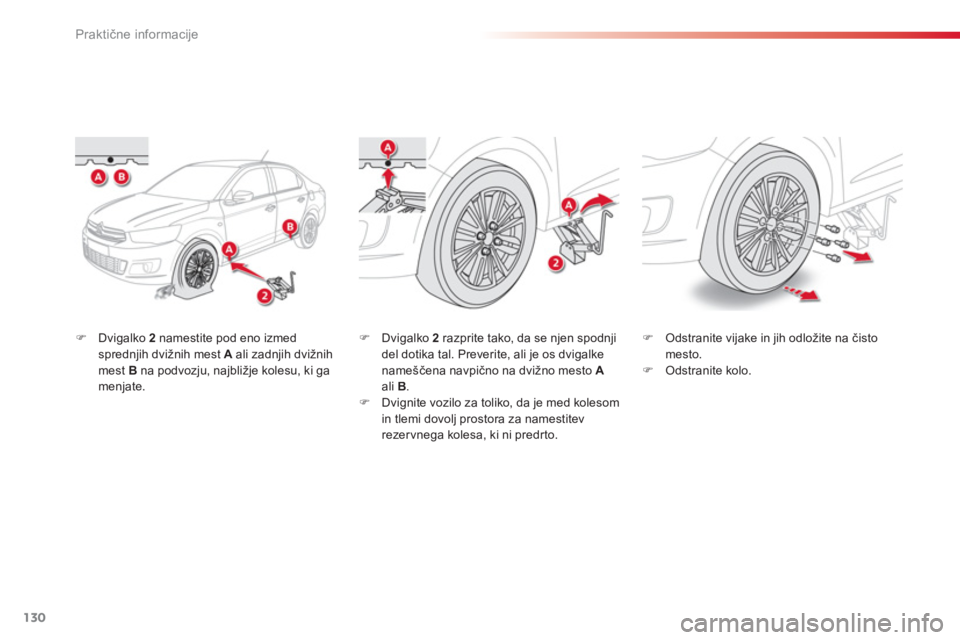 CITROEN C-ELYSÉE 2014  Navodila Za Uporabo (in Slovenian) 130
Praktične informacije
�)Dvigalko  2namestite pod eno izmed
sprednjih dvižnih mest  Aali zadnjih dvižnihmest  Bna podvozju, najbližje kolesu, ki ga menjate.  
 
�)Odstranite vijake in jih odlo