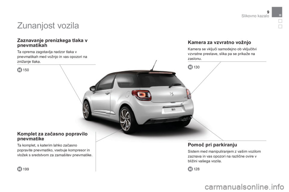CITROEN DS3 2017  Navodila Za Uporabo (in Slovenian) 9
DS3_sl_Chap00b_vue-ensemble_ed02-2015
Zaznavanje prenizkega tlaka v 
pnevmatikah
Ta oprema zagotavlja nadzor tlaka v 
pnevmatikah med vožnjo in vas opozori na 
znižanje tlaka.150
19 9
Komplet za z