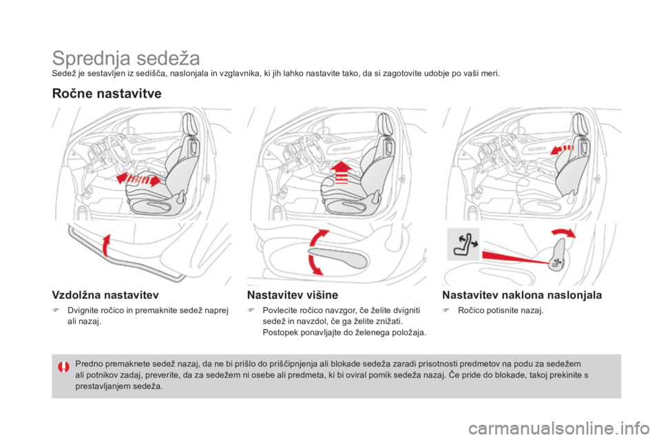 CITROEN DS3 2017  Navodila Za Uporabo (in Slovenian) DS3_sl_Chap03_confort_ed02-2015
Sprednja sedežaSedež je sestavljen iz sedišča, naslonjala in vzglavnika, ki jih lahko nastavite tako, da si zagotovite udobje po vaši meri.
Ročne nastavitve
vzdol