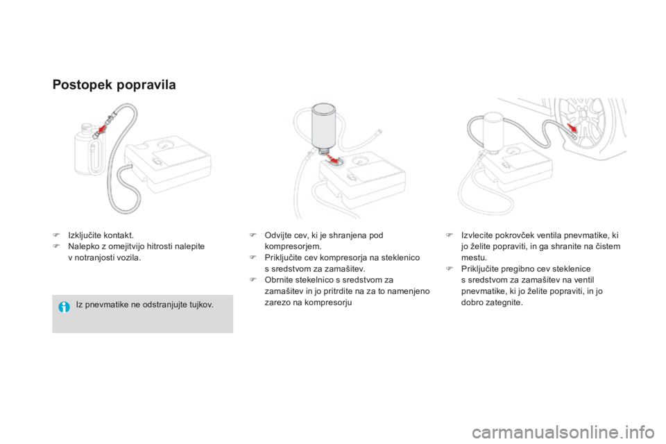 CITROEN DS3 2016  Navodila Za Uporabo (in Slovenian) DS3_sl_Chap08_info-pratiques_ed01-2015
F Izključite kontakt.
F N alepko z omejitvijo hitrosti nalepite  
v notranjosti vozila.
Postopek popravila
Iz pnevmatike ne odstranjujte tujkov. F  
O
 dvijte c