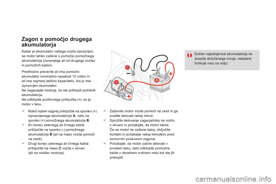 CITROEN DS3 2016 Navodila Za Uporabo (in Slovenian) DS3_sl_Chap08_info-pratiques_ed01-2015
Kadar je akumulator vašega vozila izpraznjen,
se motor lahko zažene s pomočjo pomožnega
akumulatorja (zunanjega ali od drugega vozila)
in pomožnih kablov CITROEN DS3 2016 Navodila Za Uporabo (in Slovenian) DS3_sl_Chap08_info-pratiques_ed01-2015
Kadar je akumulator vašega vozila izpraznjen,
se motor lahko zažene s pomočjo pomožnega
akumulatorja (zunanjega ali od drugega vozila)
in pomožnih kablov